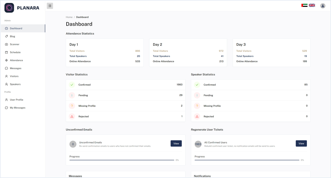 Planara event management dashboard showing live registrations and attendee analytics